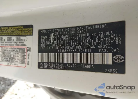 2007 Toyota Camry Le из США, поврежденный, VIN 4T1BE46KX7U504614